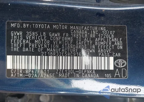 2008 Toyota Corolla Le from USA, damaged, VIN 2T1BR32E58C916361